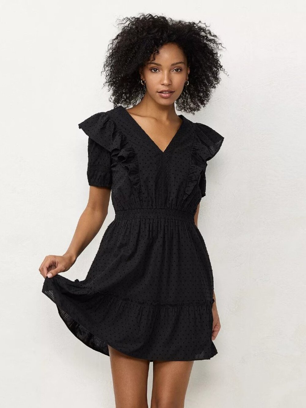 LC Lauren Conrad Charcoal Black Swiss Dot V-Neck Dress